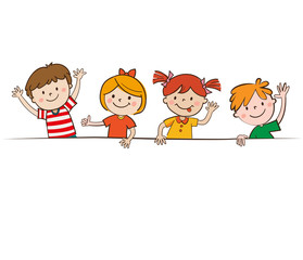 Cartoon Happy Children In White Background Holding Blank Banner. Happy Kids And Banner Vector Illustration. Smiling Boys And Girls With Empty Poster Hand Drawn Vector Illustration.