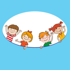 Cartoon Happy Children Holding Blank Banner. Happy Kids And Oval Banner Vector Illustration. Smiling Boys And Girls With Empty Poster Hand Drawn Vector Illustrations.