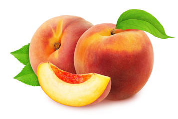 Composition with juicy peaches isolated on white background.