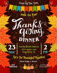 Thanksgiving dinner poster template with border from leaves of maple, flags garland and fireworks background.