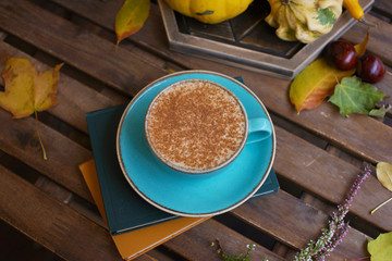 Cup of coffee with cinnamon on an open table