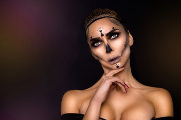 Sexy witch with Halloween skeleton make up - Image