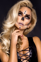 Sexy witch with Halloween skeleton make up - Image