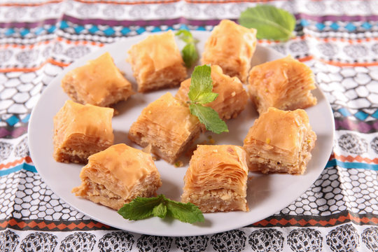 baklava, traditional moroccan pastry and mint