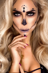 Sexy witch with Halloween skeleton make up - Image
