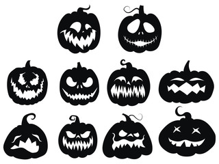 Set of pumpkins. Collection of pumpkin faces for Halloween. Stylized mystical creatures. Silhouettes of demons. Vector illustration for children.