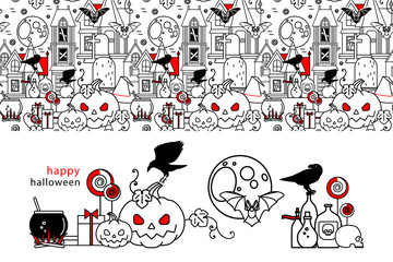 Halloween icons and celebratory seamless texture. Doodle art pattern with pumpkin, skulls and crows, gifts and candy, bat, old house, drink potion, cauldron and moon. Linear repeating background.