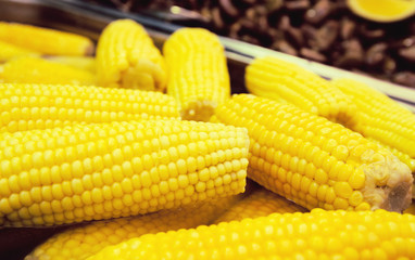 Fresh boiled yellow corn in the street market. Food to go. Tasty take away snack suitable for vegeterians and vegans