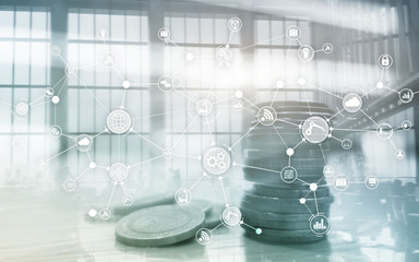 Industrial business process workflow organisation structure on virtual screen. IOT Technology smart industry concept on oins and megapolis background.