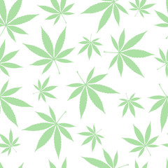 Seamless background. Cannabis leaves isolated on white background. Vector illustration of marijuana.