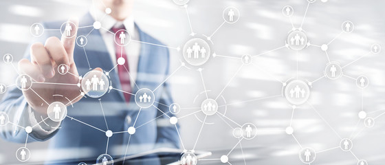 HR Human resources management peoples relation organisation structure virtual screen mixed media double exposure.