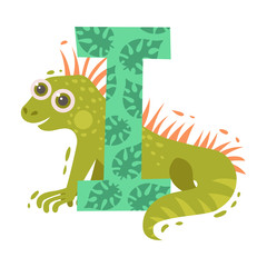 Cartoon iguana and letter I. Vector illustration on a white background.