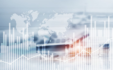Mixed media of graph and rows of coins for finance and business concept.