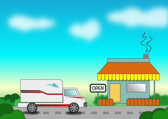 Illustrate of  truck and shop on the road