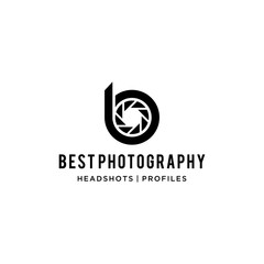 Illustration of modern abstract B sign with a photography camera lens inside logo design