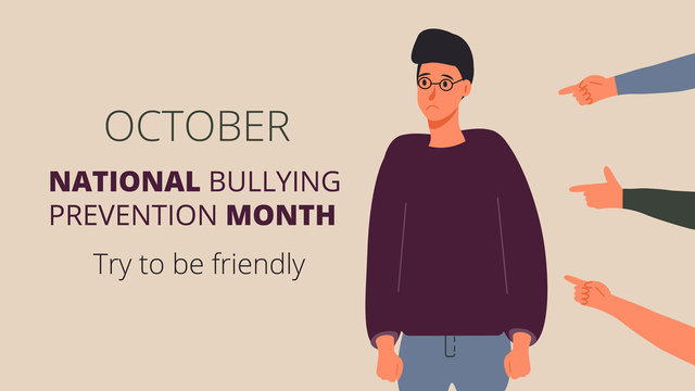 National Bullying Prevention month in October in USA. Victim man scene in society.