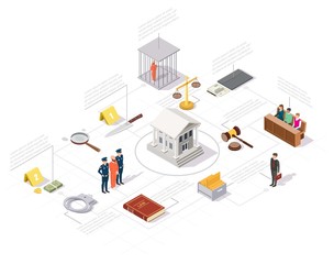 Obraz premium Law and Justice isometric infographics, vector illustration