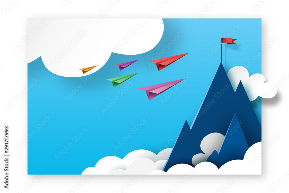 Poster paper planes teamwork flying to red flag on the top of mountains.paper art of business landing page 