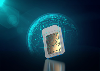 Mobile data protected with blue force field like shield around sim card. Data transfer security concept. 3D rendering - obrazy, fototapety, plakaty