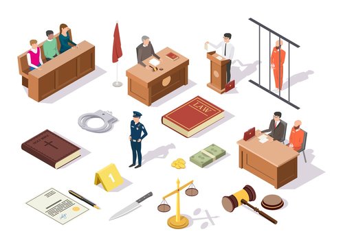 Law And Justice Isometric Icon Set, Vector Illustration