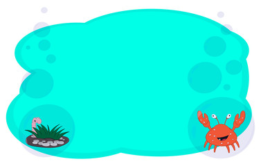 Frame for text and notes with cartoon characters worm and crab on a mint background in bubbles. Vector for banners or cards on a different topic.