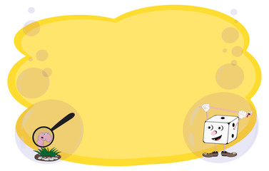 Frame for text and notes with cartoon characters a worm and a cube for playing dice on a yellow background in bubbles. Vector for banners or cards on different topics.