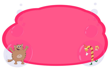 Frame for text and notes with cartoon characters cat and candy on a raspberry background in bubbles. Vector for banners or cards on different topics.