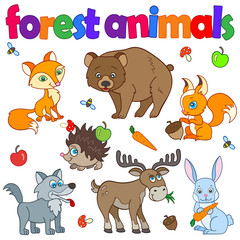 Set of r illustrations with forest animals, bright animals on a white background