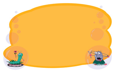 Frame for text and notes with cartoon characters caterpillar and stone with a slingshot on a yellow background in bubbles. Vector for banners or cards on different topics.
