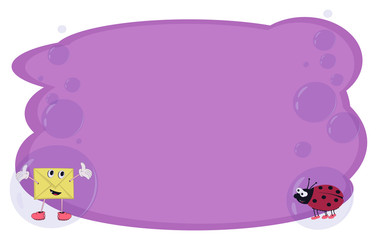 Frame for text and notes with cartoon characters an envelope and a ladybug on a purple background in bubbles. Vector for banners or cards on different topics.