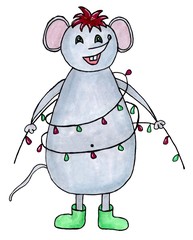 Cute cartoon mouse, rat with Garland Lights. Isolated on white background. Template for design New Year card and prints. Mouse a chinese new year symbol