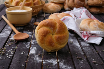fresh buns on a wooden table