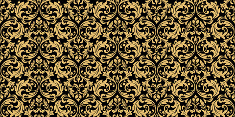 Wallpaper in the style of Baroque. Seamless vector background. Gold and black floral ornament. Graphic pattern for fabric, wallpaper, packaging. Ornate Damask flower ornament - obrazy, fototapety, plakaty