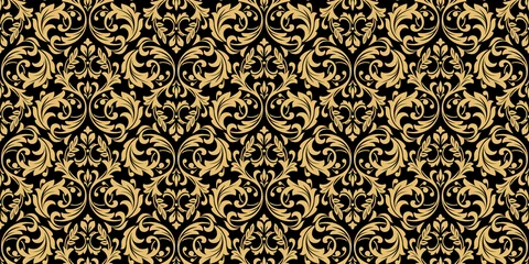  Behang in de stijl van de barok. Naadloze vectorachtergrond. Goud en zwart bloemenornament. Grafisch patroon voor stof, behang, verpakking. Sierlijk damast bloemornament © ELENA