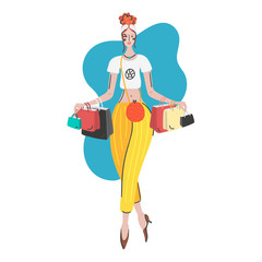 Stylish shopping girl. Fashionable woman in yellow pants and short white t-shirt. Shopping bags in hands. Shopaholic. Purchases. Discount banner for online store. Print on clothes, notebook. Vector