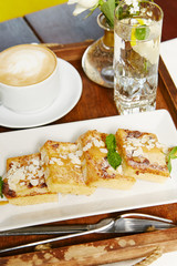 Breakfast almond pie and coffee