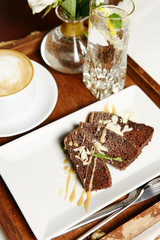 Chocolate brownie and coffee breakfast