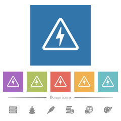 Danger electrical hazard flat white icons in square backgrounds