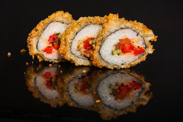 sushi rolls, traditional Japanese food (rice, nori and seafood) menu concept. food background. copy space. Top view