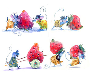 Mice and strawberries, watercolor illustration. Drawings on a white background. Set of drawings - 291723352