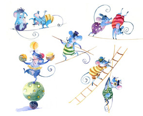 Mice in a circus, watercolor illustration. Drawings on a white background. Set of drawings - 291723366