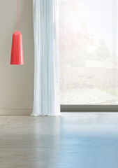 empty living room interior decoration modern lamp and wooden floor, stone wall concept. decorative background for home, office, hotel