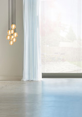 empty living room interior decoration modern lamp and wooden floor, stone wall concept. decorative background for home, office, hotel