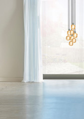 empty living room interior decoration modern lamp and wooden floor, stone wall concept. decorative background for home, office, hotel