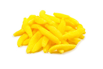 Juicy colorful jelly banana sweets isolated on white. Gummy candies.