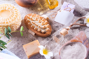 Zero waste concept. Eco-friendly bath set. with brushes, sea salt, towel, aroma in glass bottle ,...