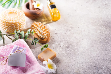 Zero waste concept. Eco-friendly bath set. with brushes, sea salt, towel, aroma in glass bottle ,...