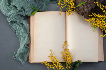 An open old book with blank pages and floral decorations on a stone gray table.