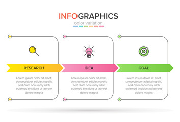 Concept of arrow business model with 3 successive steps. Three colorful rectangular elements. Timeline design for brochure, presentation. Infographic design layout.