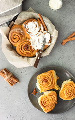 Cinnamon rolls (Cinnabon) baked in a cast iron skillet with cream cheese icing. Kanelbullens dag.